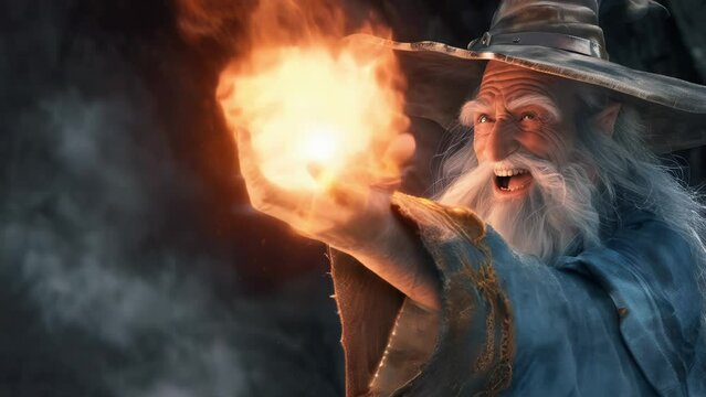 laughing wizard casting a firebal, fantasy scene with magical combat