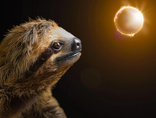A sloth is staring at a large sun in the sky