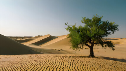 Fototapeta na wymiar Generative KI einsamer Baum in Wüste mit Dünen