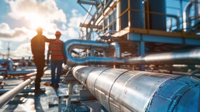 Two workers inspecting industrial pipelines at a facility with a sunset in the background, highlighting an energy or chemical plant.
