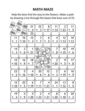 Math maze. Make a path by drawing a line through the boxes that have sum of 25.
