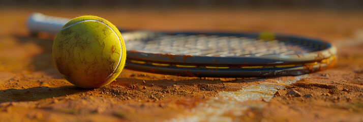 Close up view of tennis racket and balls on the clay tennis court - obrazy, fototapety, plakaty