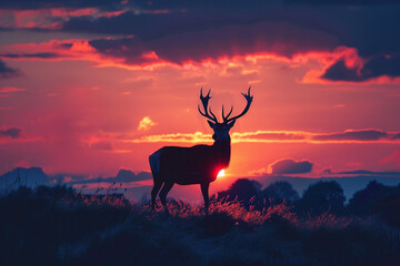 A lone deer silhouetted against a vibrant sunrise, - obrazy, fototapety, plakaty