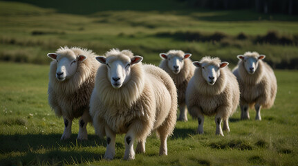 Fototapeta premium Flock of white wooly sheep on green pasture. Heritage breed sheep together in a grasy field. Healthy flock with big wool coats. Idyllic pastoral scene.generative.ai