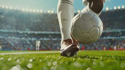Close up of a soccer striker ready to kicks the fiery ball at the stadium
 - obrazy, fototapety, plakaty