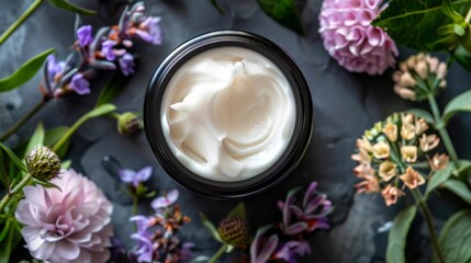 Obraz na płótnie Canvas Organic Cosmetic Cream with Lavender Flowers on Dark Slate