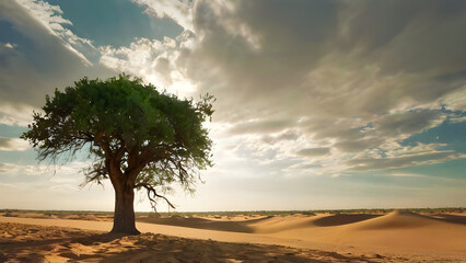 Generative KI einsamer Baum in Wüste mit Dünen - obrazy, fototapety, plakaty