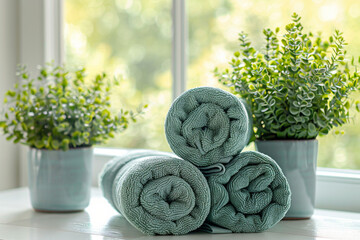 Three mint rolled terry towels and plant in pots on table by the window. Copy space. - obrazy, fototapety, plakaty