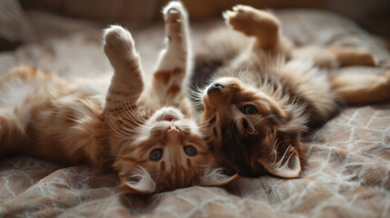 two cats playing on a bed