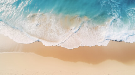 Fototapeta na wymiar beautiful sandy beach and soft blue ocean wave, photo shot, top view --ar 16:9 --v 5.2 Job ID: 947009f7-9e57-4f41-89c2-70240dda1303