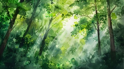 Lush Green Forest with Warm Sunlight Filtering Through the Canopy,Symbolizing the Tranquility and Vitality of Untouched Nature