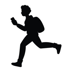 Fototapeta na wymiar silhouette of a person run wearing a backpack and using a cell phone