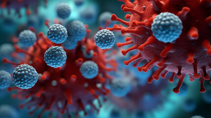 Blue and red viruses in infected organism background, photo shot - obrazy, fototapety, plakaty