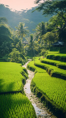 Rice fields. A view of a lush green field with coconut trees and a house in the background. A vertical image for phone wallpaper.