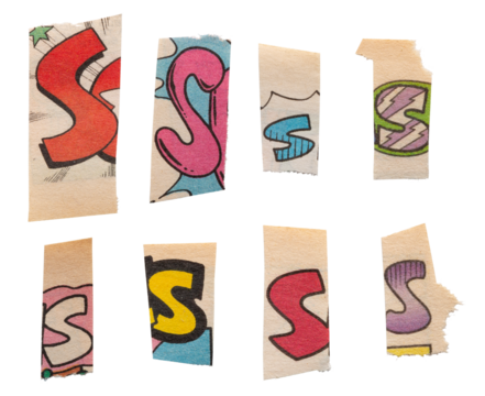 Ransom comics font type S from printout comics, HQ, cutout, collage element for graphic design, png isolated on transparent background	