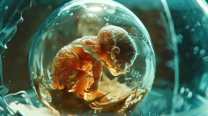 Futuristic depiction of a human fetus inside a translucent bubble, possibly an artificial womb, immersed in a fluid-filled environment.