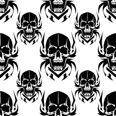 seamless symmetrical pattern of black human skulls on a white background, texture, design