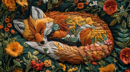 A fox is sleeping in a field of flowers. The painting is colorful and lively, with a sense of peace and tranquility