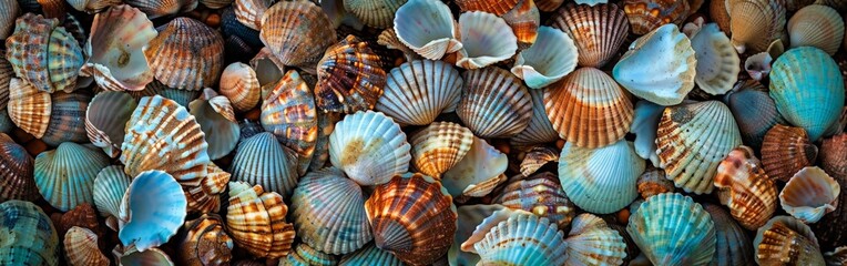 Diverse Array of Multicolored Seashells - obrazy, fototapety, plakaty