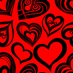 seamless graphic pattern of black hearts on a red background, texture, design