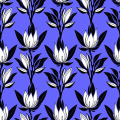 simple contour seamless pattern of white magnolias on a blue background, texture