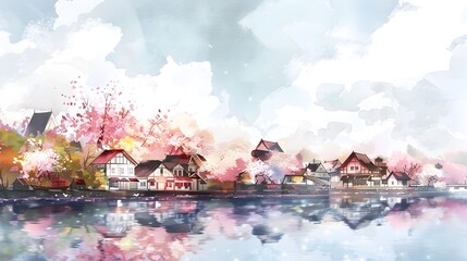 Quaint Watercolor Village by Gentle River with Pastel Houses and Blooming Trees