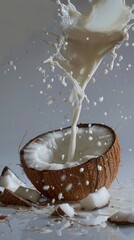 Fresh coconut milk being poured into a halved coconut, splashing droplets create a dynamic and invigorating scene.