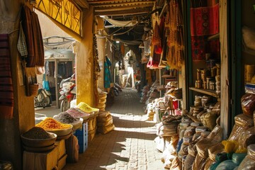 A bustling market  filled with spices and textiles, AI generated