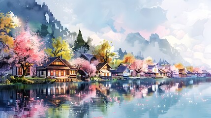 Tranquil Watercolor Village by Serene River with Pastel Houses and Blooming Trees