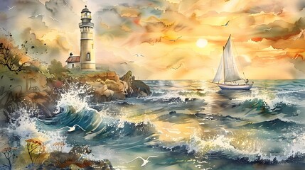 Dramatic Watercolor Seascape with Lighthouse,Sailboats,and Vibrant Sunset Sky over Choppy Ocean Waves - obrazy, fototapety, plakaty