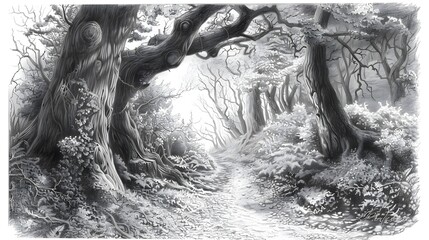 Detailed Pencil Sketch of Mysterious and Ancient Forest with Winding Path Leading into the Unknown