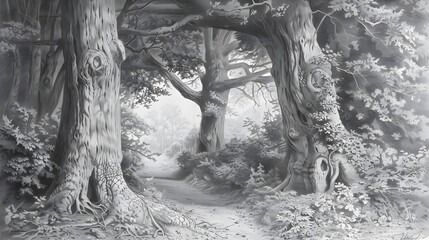 Fototapeta na wymiar Detailed Pencil Sketch of Towering Ancient Trees Lining a Hidden Forest Path