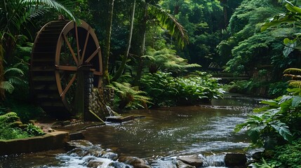 Serene Waterwheel Turning Slowly in Lush Forest Stream,Symbolizing Renewable Energy and Tranquility