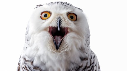 Obraz premium Surprised snow owl portrait isolated on white background, shocked owl open mouth looking at the camera isolated on white.