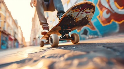 Extreme Closeup of Skateboard Wheel Doing Trick with Textured Urban Graffiti Background Capturing the Motion and Energy of Extreme Sport