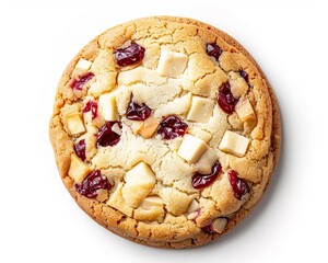Fresh white chocolate chip cranberry cookies isolated on white, top view.