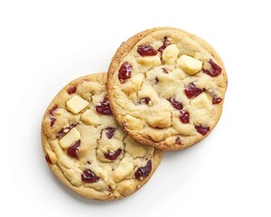 Fresh white chocolate chip cranberry cookies isolated on white, top view.
