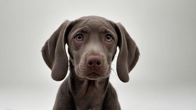 Primer plano de perro de raza braco de weimar, atento, sobre fondo blanco