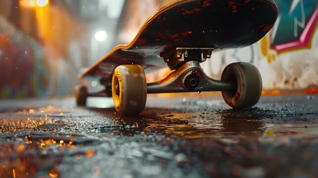 Extreme Close-up of Skateboard Wheel Performing Trick Against Vibrant Urban Graffiti Backdrop