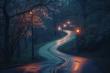 Fototapeta premium A dark street through the forest at night with lamps shining.