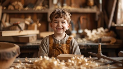 A joyful young boy in a woodworking shop surrounded by tools and wood shavings, wearing overalls and a happy smile.