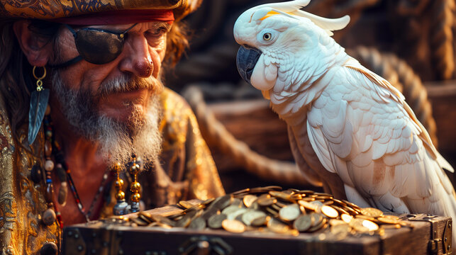 Aged Pirate with Feathered Companion, Vintage Treasure Discovery