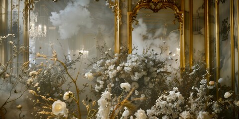 The nostalgia lindeed oil mirror rooms vintage chandelier and golden mirrors wall style of classic abundance of flowers black white flowers roses made mist new gold bioluminescent background