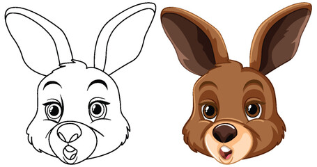 Two stages of rabbit illustration, line art to color