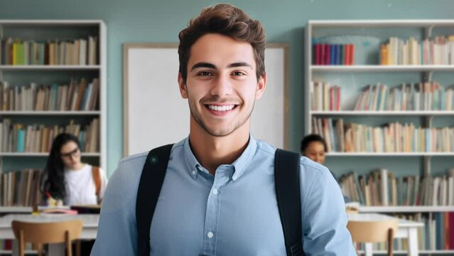 Portrait of smiling young college student holding book with library bookshelf background