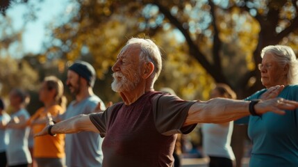 Group of senior adults engaging in an outdoor tai chi class, focusing on exercise and mindfulness surrounded by trees.