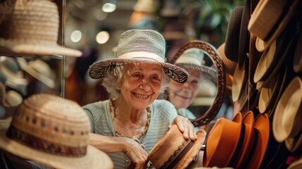 Elderly lady smiling, trying on hats, reflected in a mirror in a cozy hat shop with a warm ambiance.