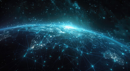 Naklejka na ściany i meble A digital rendering of the Earth with glowing blue lines connecting cities across its surface, symbolizing global connectivity and technology's role in connecting remote places