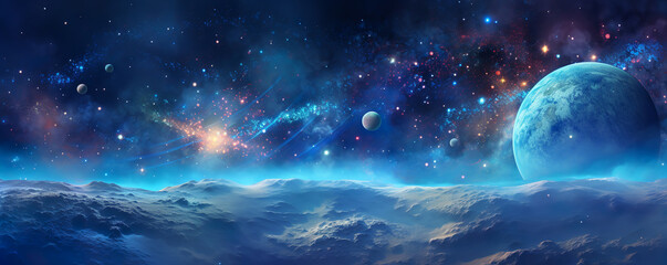 Space scene with planets, stars and galaxies. Panorama