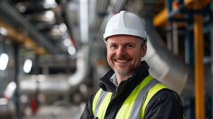 A smiling man wearing a hard hat and reflective vest stands in an industrial setting with pipes and equipment in the background.
